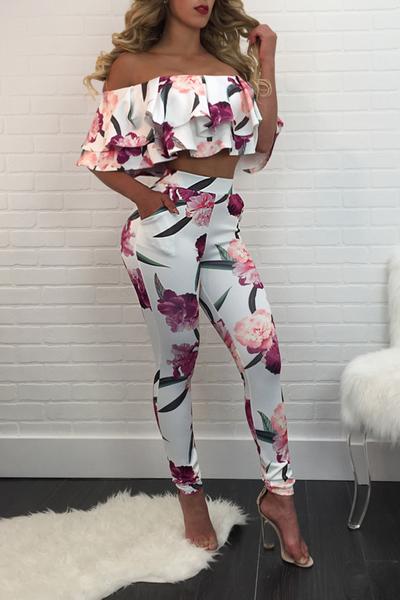 Flower Print Ruffles Crop Top With Skinny Pants Two Pieces Set