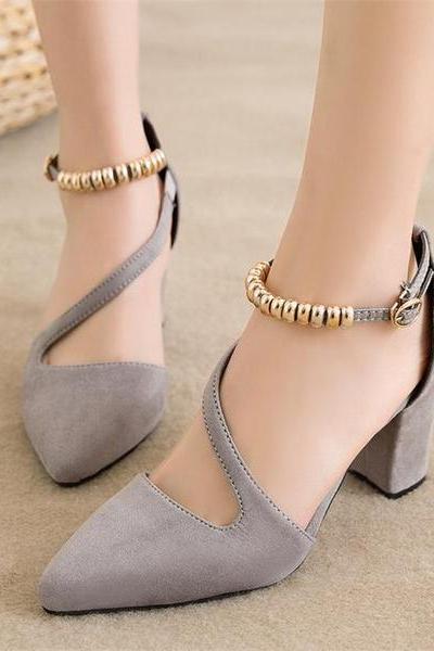 Suede Pointed-toe Low Chunky Heels With Asymmetrical Beaded Ankle Strap