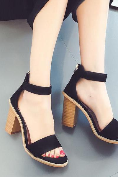 Summer Suede Chunky Heel Peep-toe Ankle Strap Sandals