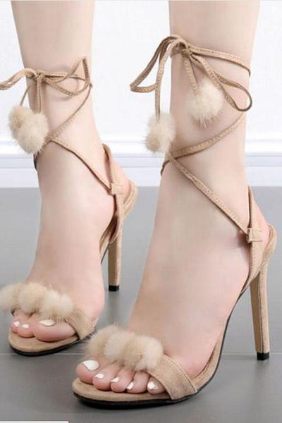 Suede Peep-toe Ankle Lace Up Stiletto Heel Fur Decorated Sandals