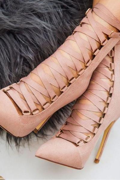 Faux Suede Pointed-Toe Lace-Up High Heels with Back Zipper