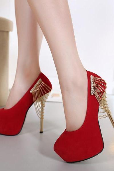 Suede Stiletto Heel Round Toe Chain Decorate High Heels Prom Shoes