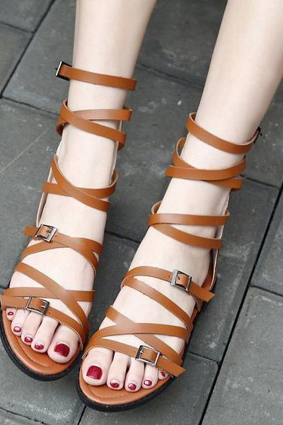 PU Flat Heel Peep-toe Summer Zipper Sandals