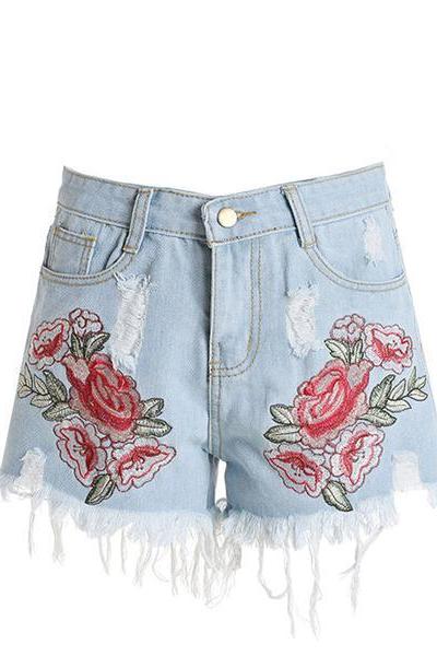 Flower Embroidery Denim High Waist Rough Edge Loose Shorts