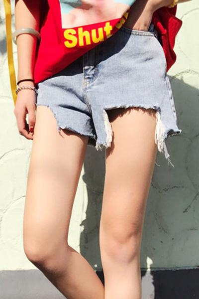 Pure Color Irregular Denim Casual Loose Shorts