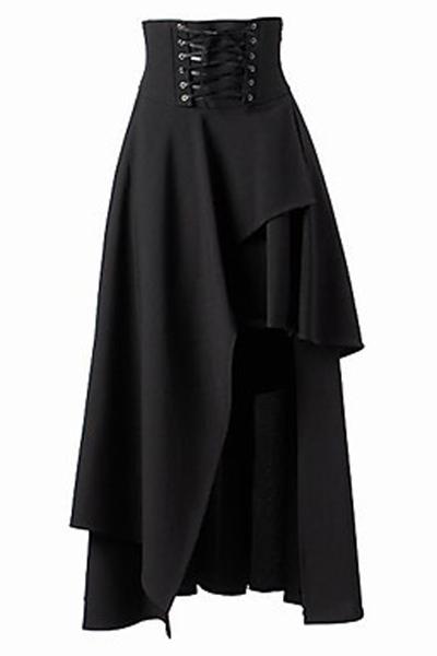 Gothic Lolita Pure Color High Waist Irregular Straps Long Skirt
