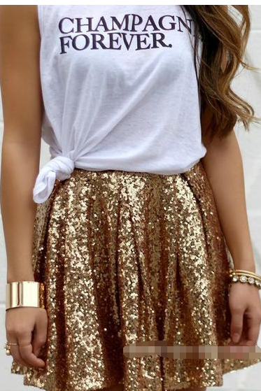 Gold Sequinned High Rise Pleated Short A-line Skirt