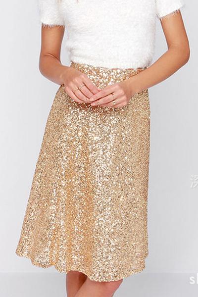 Gold Sequin Embellished High Rise Knee Length A-line Skirt