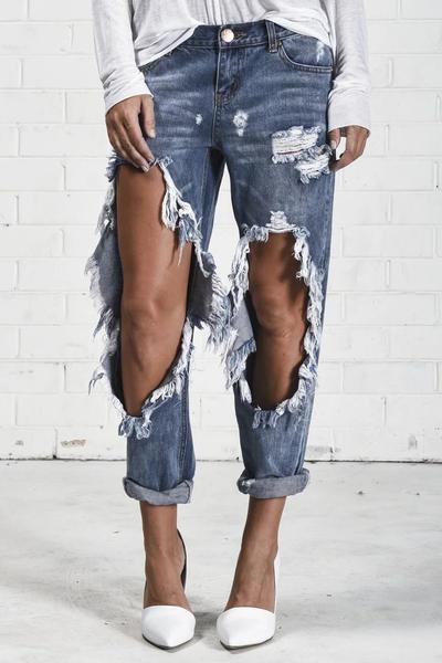 Knee Cut Out Holes Rough Tassels Blue Long Jeans
