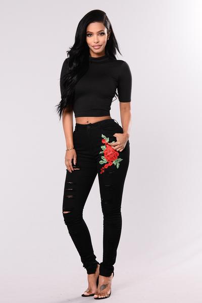 Embroidery Flowers Cut Out High Waist Elasticity Slim Long Jeans