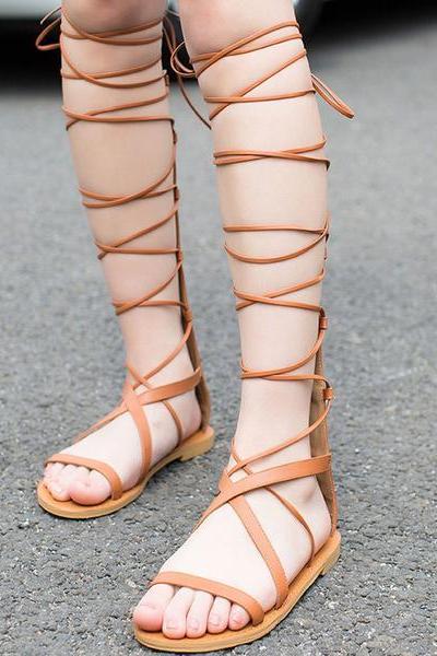 Reman Style Straps Cross Knee-length Flat Sandals