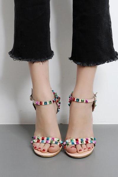 Colorful Rivets Ankle Wraps Stiletto High Heels Sandals