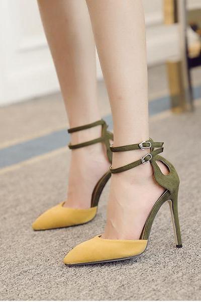 Faux Suede Colour Block Pointed-toe Double Ankle Straps High Heels