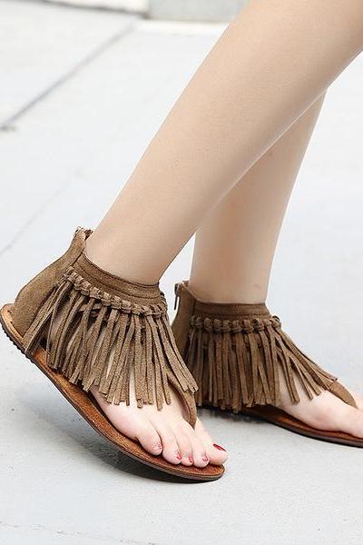 Retro Tassels Slip-on Zipper Flat Sandals