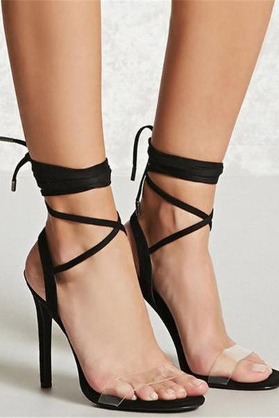 Open Toe Ankle Straps Wraps Transparent Stiletto High Heels Sandals