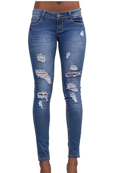 Solid Color Rough Holes Long Skinny Jeans Denim Pants