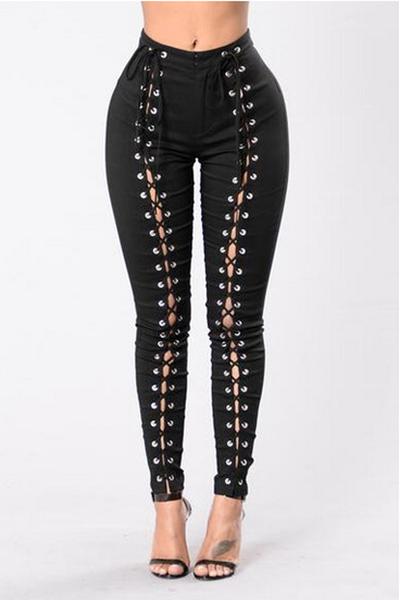 Straps Lace Up Hollow Out Solid Color Long Skinny Jeans