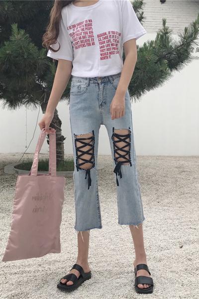 Unique Loose Straps Cross Solid Color 3/4 Length Jeans