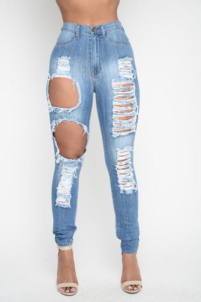 Rough Holes Cut Out High Waist Long Skinny Jeans Denim Pants