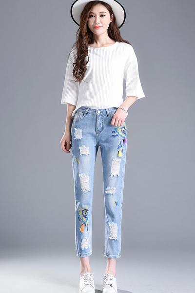Embroidery Rough Holes 9/10 Pencil Skinny Jeans
