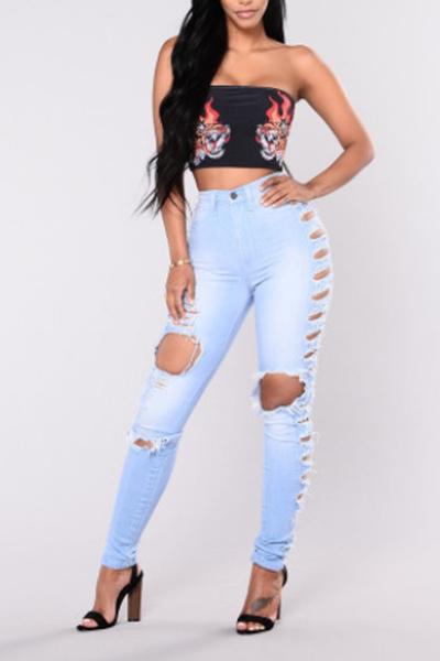 Solid Color High Waist Cut Out Holes Long Skinny Jeans