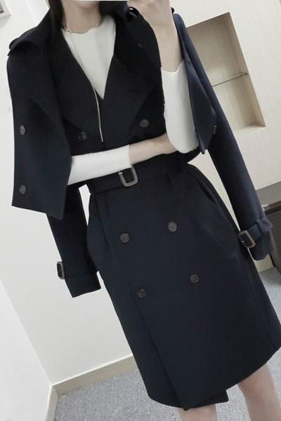 Stand Collar Double Breasted Hasp Slim Long Two Pieces Coat
