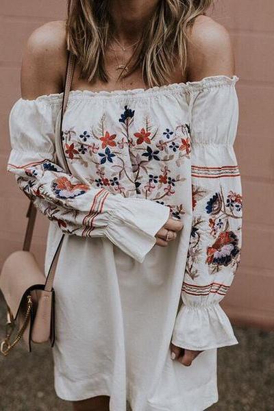 Embroidery Flower Off Shoulder Long Sleeves Short Dress