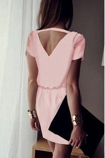 Pure Color V-neck Short Sleeves Short Dress