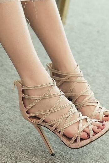 Apricot Stiletto Heel Suede Cage Sandals with Back Zipper