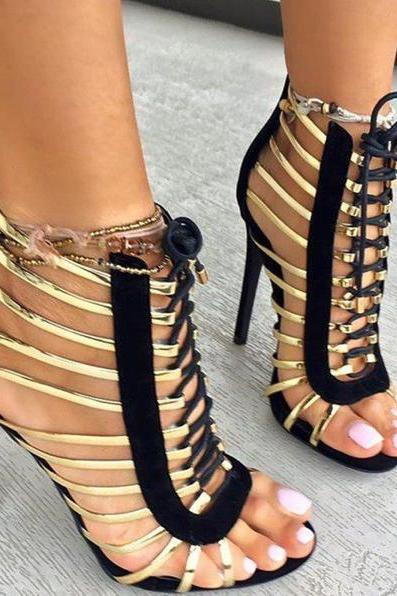 Straps Hollow Out Lace Up Open Toe Stiletto Heels Short Boot Sandals