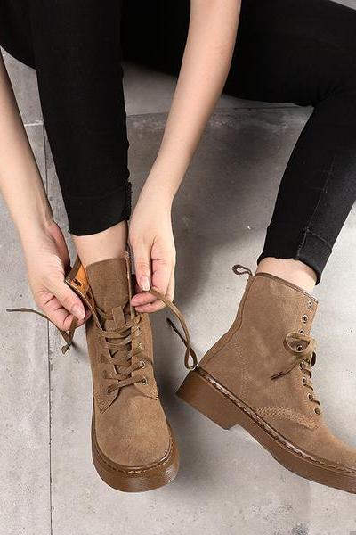 Leather Chunky Heel Round Toe Lace-up Ankle Boots