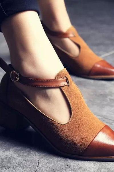 Pointed Toe Ankle Wrap Chunky Heel Casual Shoes