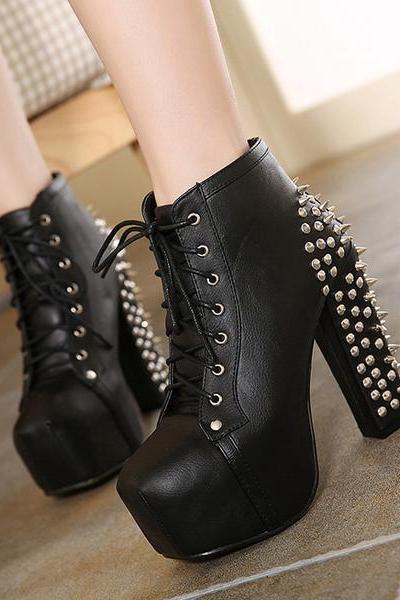 Round Toe Lace Up Rivets Short Boots Heels