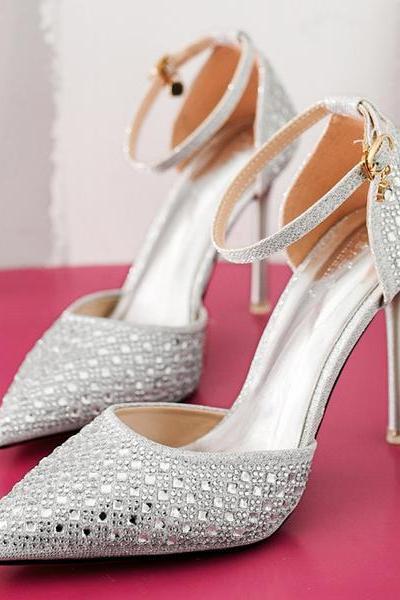 Rhinestone Decorate Ankle Wrap Pointed Toe Stiletto High Heels