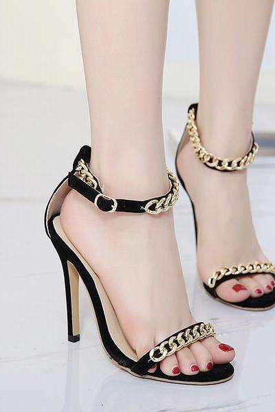 Open Toe Metal Chain Decorate Ankle Wrap Stiletto High Heels Sandals
