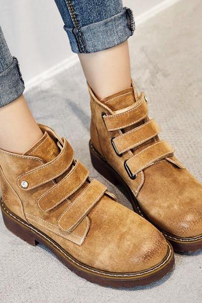 Leather Round Toe Solid Color Flat Short Boots