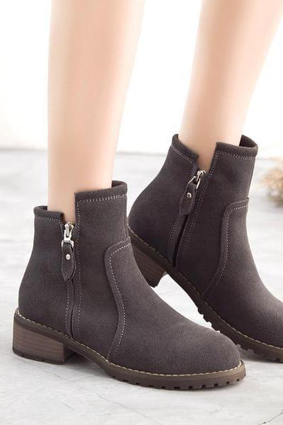Side Zipper Round Toe Low Chunky Heels British Short Boots