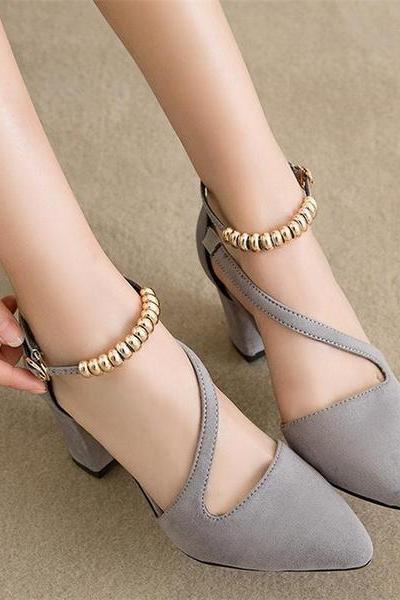 Pointed Toe Ankle Beadings Wrap Low Chunky Heels Party Shoes