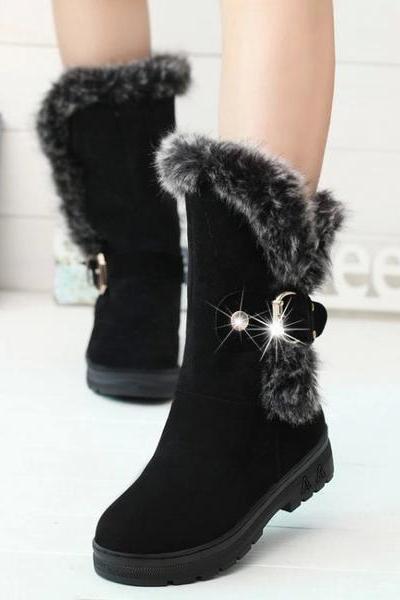 Faux Fur Decorate Round Toe Chunky Heel Long Snow Boots
