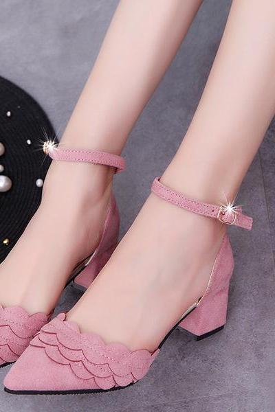 Pointed-toe Scalloped Ankle Strap Low Chunky Heels