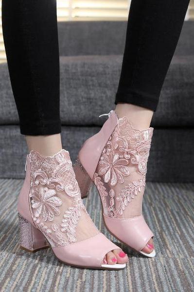 Lace Patchwork Peep Toe Low Chunky Heels Short Boot Sandals