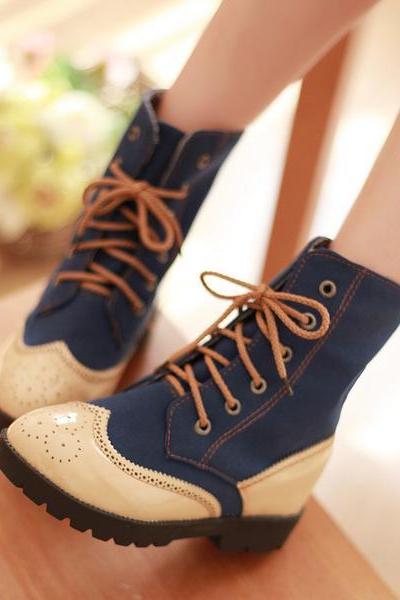 Patchwork Lace Up Round Tod Flat Short Boots