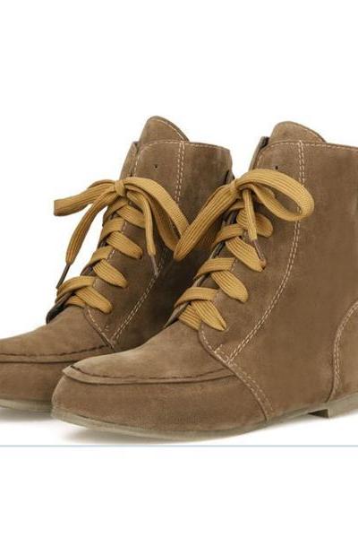Suede Round Toe Lace Up Flat Short Boots