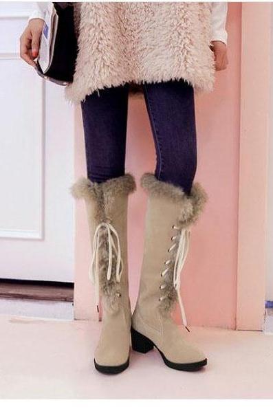 Round Toe Lace Up Suede Faux Fur Low Chunky Heel Snow Half Boots