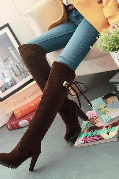 Solid Color Back Lace Up Chunky High Heels Over-knee Long Boots