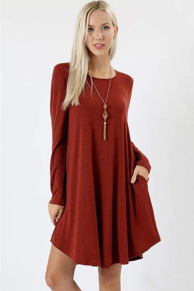 Plus Size Long Sleeve Round Collar Solid Color Dress