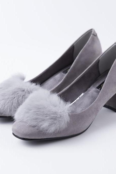 Faux Fur Decorate Round Toe Low Cut Low Chunky Heels Shoes