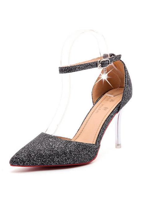 Glitter Pointed-toe Ankle Strap High Heels