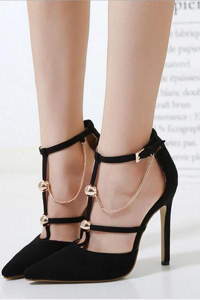 Suede Pointed-toe T-strap Stilettos Decorated With Metal Balls And Chain