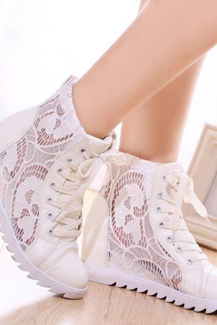 Lace Patchwork Lace Up Insider Heels Casual Shoes